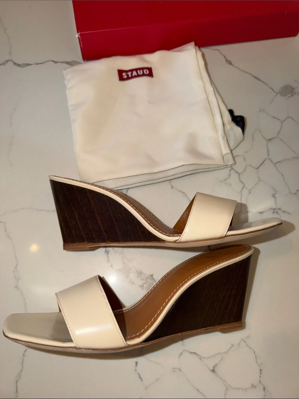 New in box! STAUD Billie Wedge Sandals in Cream and Wood